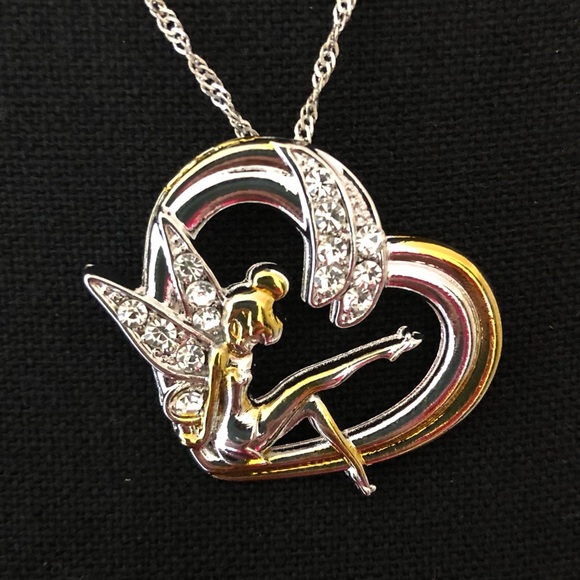 “Tinkerbell” Heart-Shaped Pendant Necklace; Two-Tone; Gold/Silver; Rhinestones - Picture 3 of 3